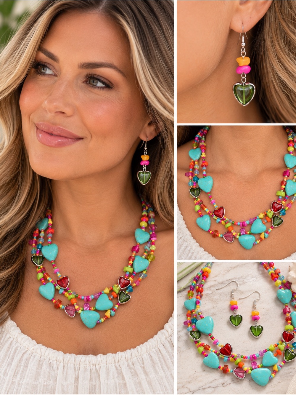 Turquoise Hearts Multi Bead Multi‎ Strand Necklace & Earrings Set